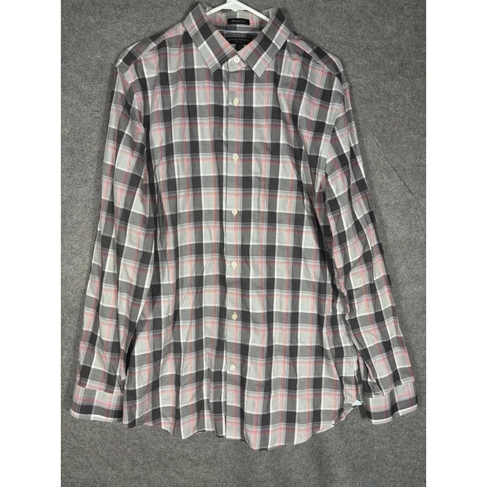 Banana Republic Grant Fit Non-Iron Plaid‎ Shirt Mens XL Grey Red Long Sleeve